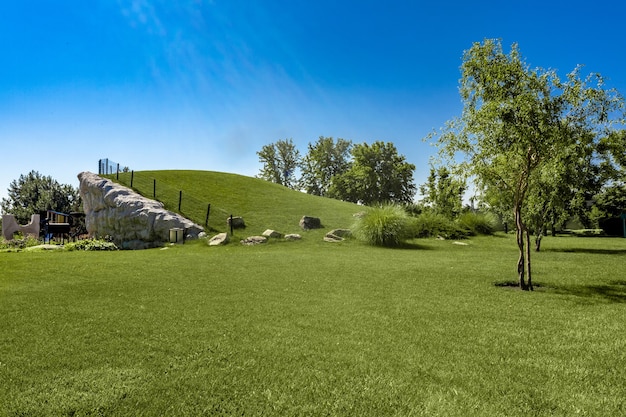 Landscape design concept. Well-groomed park area with short-cut lawn grass on hillside of natural rock structure, young trees and children playground in background on summer day
