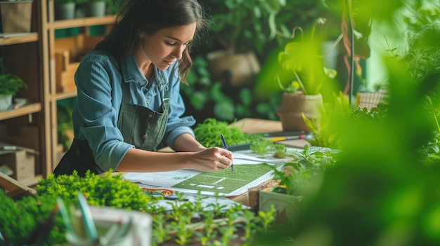 Foto la donna paesaggista al lavoro dà vita in modo creativo alle idee creando paesaggi armoniosi e bellissimi ispirati alla bellezza della natura