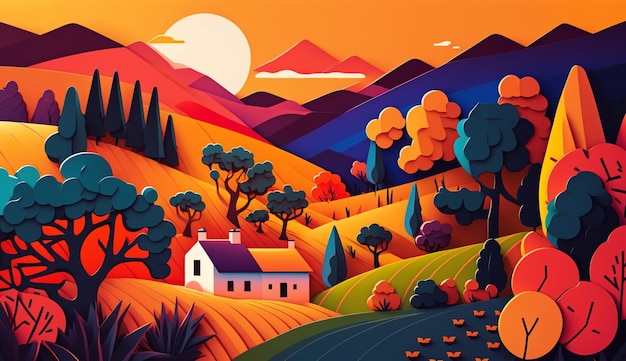 Landscape Digital Illustration in a Bold Colorful Folk Art Style Generative AI