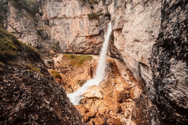 Landscape of Dolomites fanes valley Hiking nature in dolomite italy near Cortina d'Ampezzo The Fanes waterfalls Cascate di Fanes Dolomites Italy Via Ferrata Lucio Dalaiti