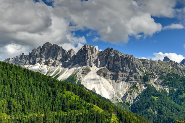 Landscape of the Dolomites and a view of the Aferer Geisler Mountains in Italy