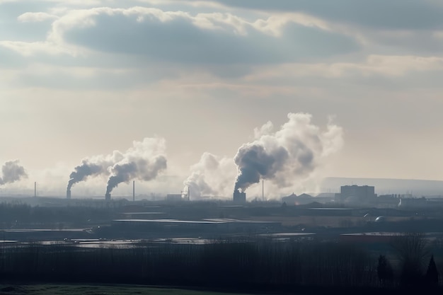 Landscape dominated by factories with billowing smoke AI