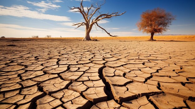 Foto paesaggio di terra secca incrinata e albero morto ia generativa