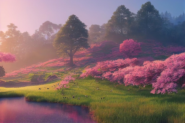 Foto paesaggio di una mattina presto su un campo verde con alberi e cespugli di rose accanto a un piccolo stagno 3d'illustrazione