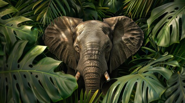 Landscape of an elephant among palm leaves posing like it is hiding with a big space for text or product Generative AI