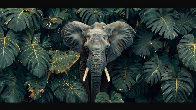 Landscape of an elephant among palm leaves posing like it is hiding with a big space for text or product Generative AI