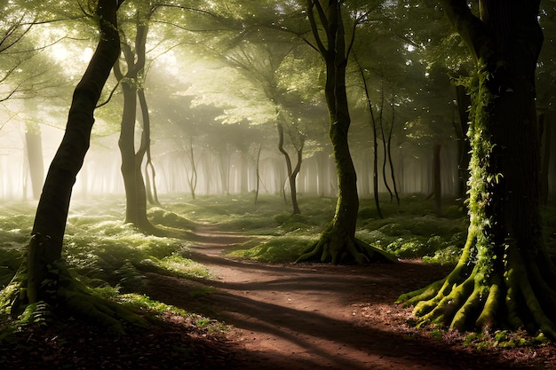 나무들이 살아나서 부드러운 빛을 내는 마법의 숲의 풍경