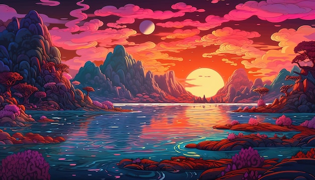 landscape in the evening with an ocean background in the style of psychedelic graphic design