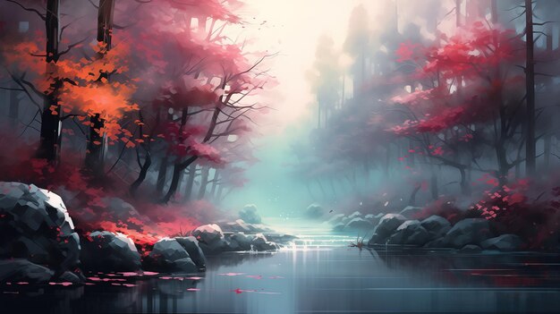 landscape in a fairy forest colorful autumn trees in unusual neon lighting foggy background autumn fantasy