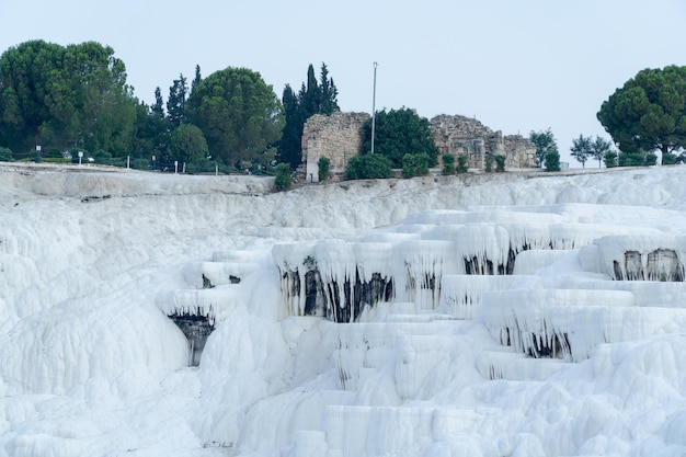 Landscape of the famous white thermal pools of pamukkale also called cotton castle