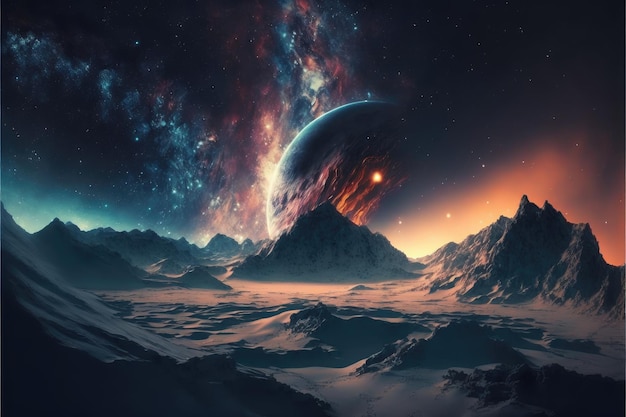 Landscape in fantasy new planet with galaxy background