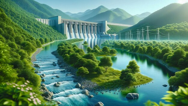 사진 배경 에 수력 발전소 가 있는 게 흐르는 강 을 특징 으로 하는 풍경