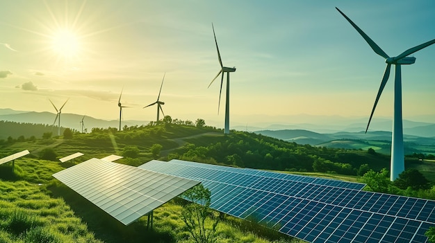 Landscape featuring wind turbines and solar panels