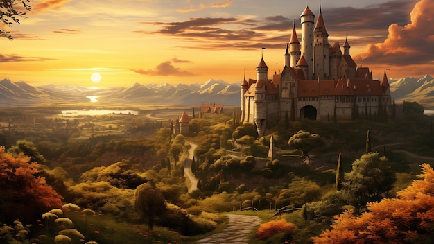 Пейзаж поля с замком