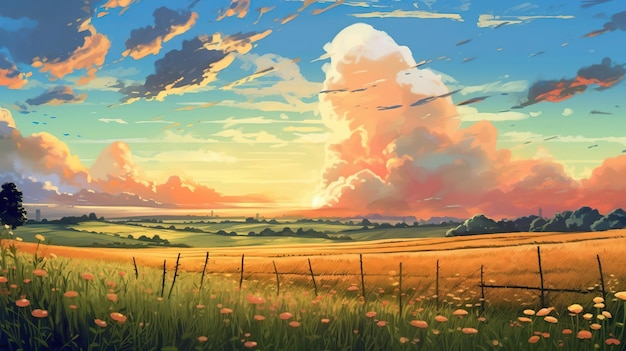 Landscape field with sunset sky in the cartoon anime style illustration background Generative AI