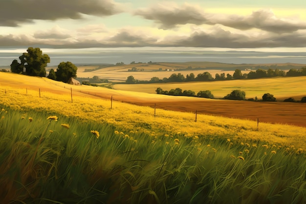 Landscape of a field with warm yellow and green tones