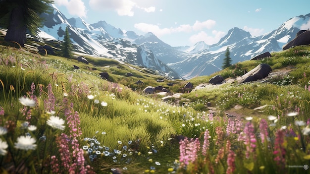 A landscape of flowers with mountains in the background