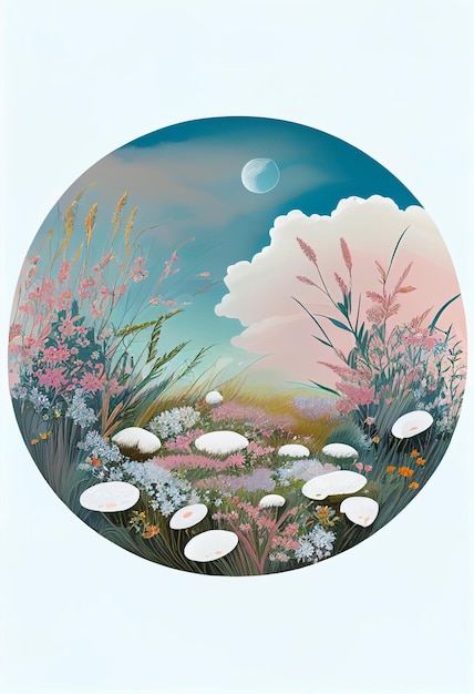 Landscape of a flowery spring meadow in a round frame AI Generated