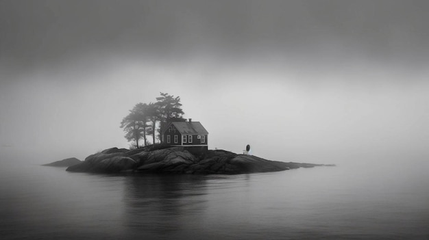 Landscape Foggy morning Small island with house and tree at the sea