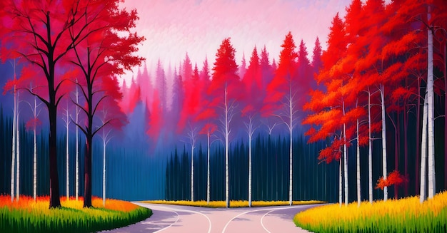 Landscape Forest Jungle Painting Illustration Colorful Enchanted trees dreamy nature Generative AI