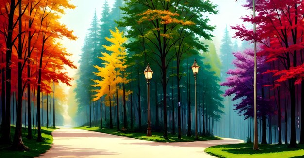 Landscape Forest Jungle Painting Illustration Colorful Enchanted trees dreamy nature Generative AI