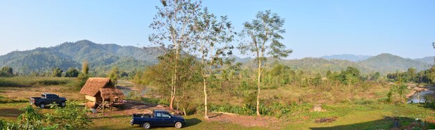 Landscape of forest and mountain in morning time at Ban Bo Kluea village in Bo Kluea District of Nan Thailand