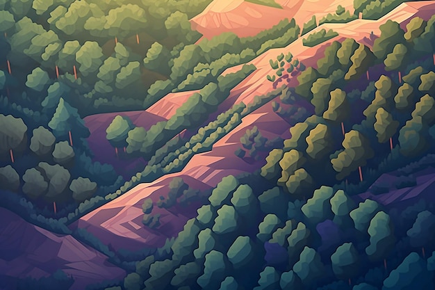 Landscape of the forest in the mountains Colorful illustration
