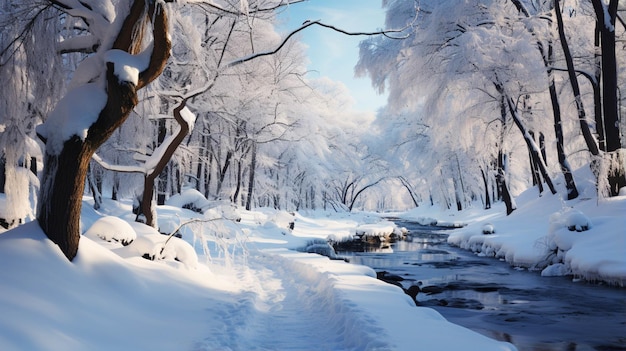 Landscape forest trees park under snow cover in Winter