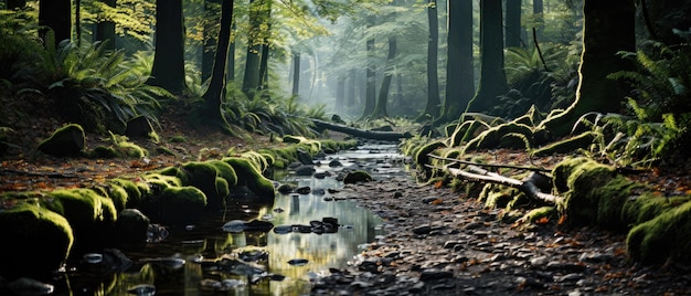 Landscape of the forest with rays of sunshine generated by AI