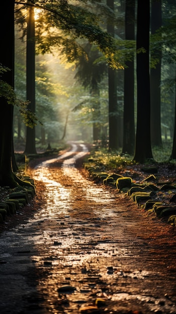 Landscape of the forest with rays of sunshine generated by AI