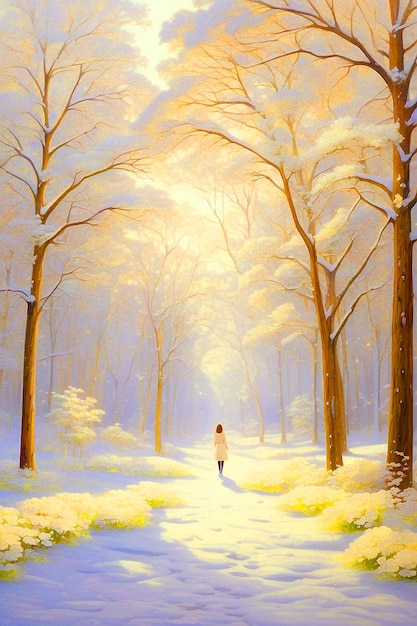 landscape of the forest with snow in the city of Kassel and a girl back view background image