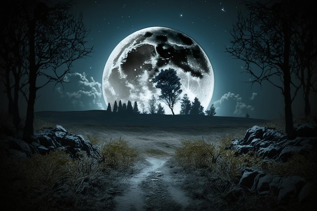 Landscape of full moon with a tree in the background photo