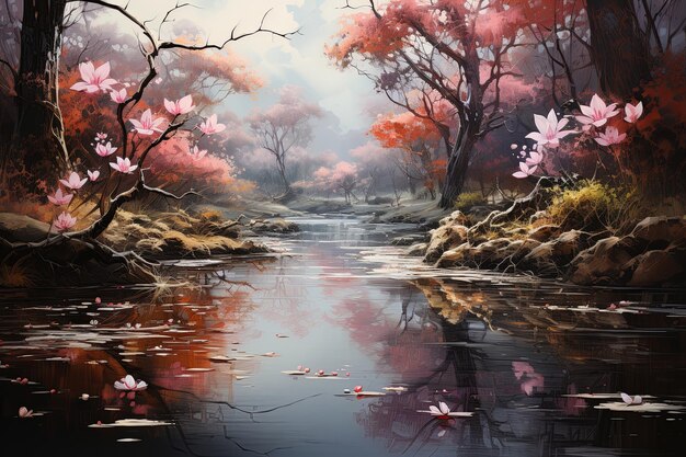 A landscape of a gentle sunset through the branches of a cherry blossom next to the river conveying a dreamy and supernatural atmosphere in the beauty of nature Generative AI