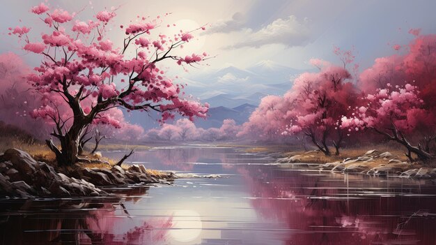 A landscape of a gentle sunset through the branches of a cherry blossom next to the river conveying a dreamy and supernatural atmosphere in the beauty of nature Generative AI