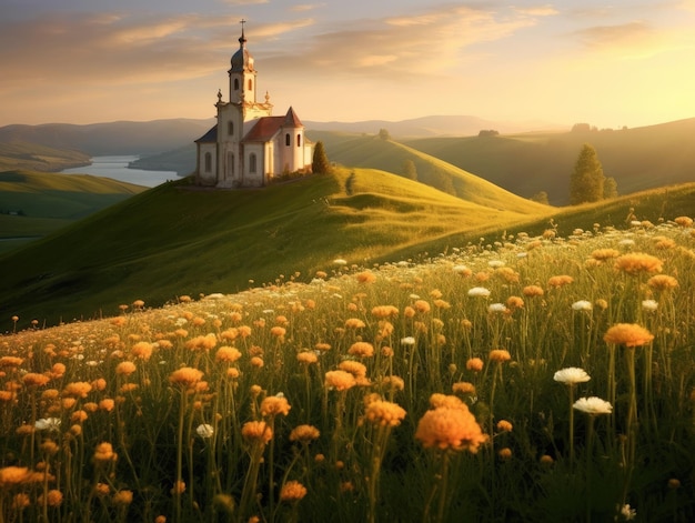 A landscape of grass and yellow flower fields A lonely church in the middle of the mountain a river and a sunset in the background Generative AI