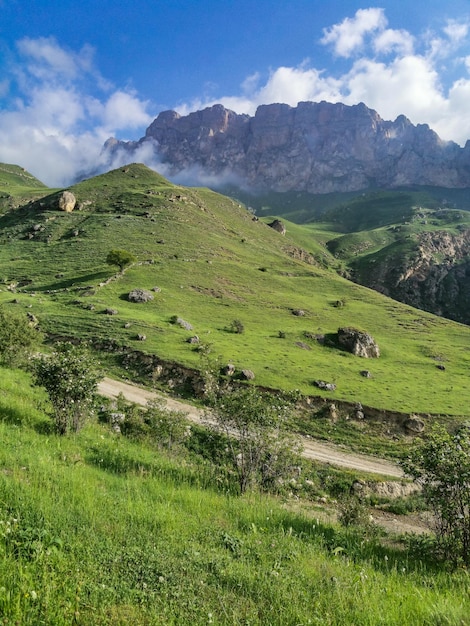 Il paesaggio del verde aktoprak passa nel caucaso la strada e le montagne sotto nuvole grigie