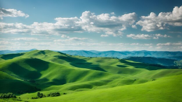 A landscape of a green fields and a bright blue sky