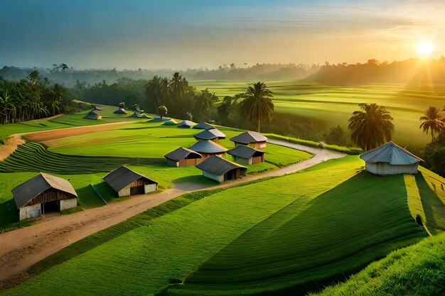 a landscape of green fields with houses in the background