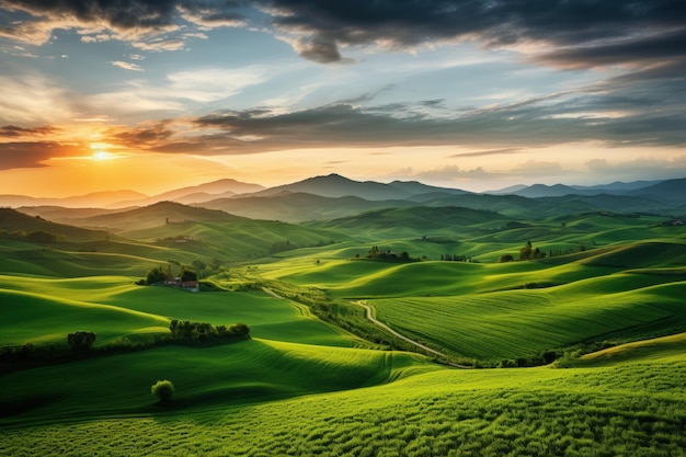 夕暮れの緑の丘の風景 山の頂上から農家の畑の美しい景色 ジェネレーティブAI