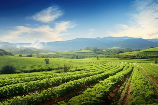 山の緑茶のプランテーションの風景 農業の景色 ペッパーとピークのプランテーションの美しい農業の景色のパノラマ写真 AI生成