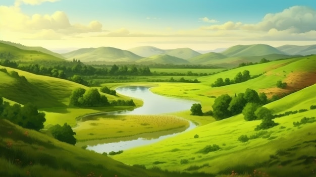 В ландшафте есть зеленые поля, холмы и пруд, все в летней красоте. Генеративный ИИ.