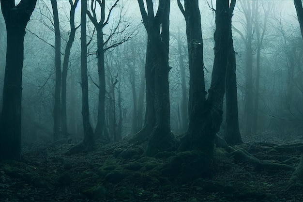 Landscape of haunted mist forest dark background creepy and scary concept 3d rendering