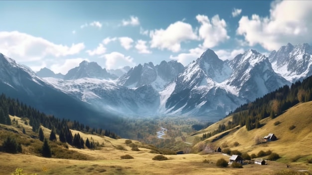 Landscape of High Tatras in the spring Snowy mountain tops and beautiful sky Generative AI