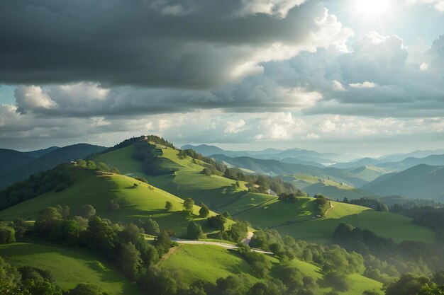 Landscape of hills covered in forests under the sunlight and a cloudy sky at daytime