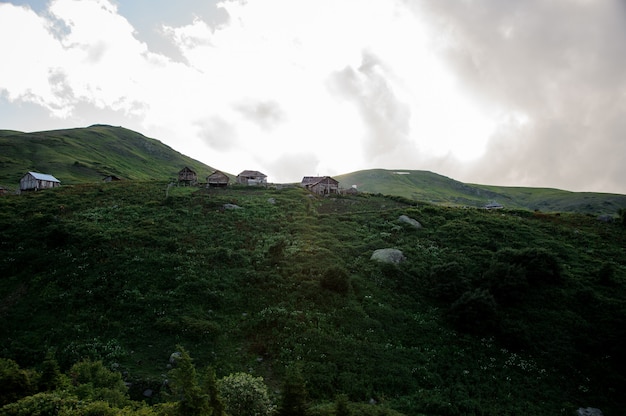 丘と複数の建物の風景