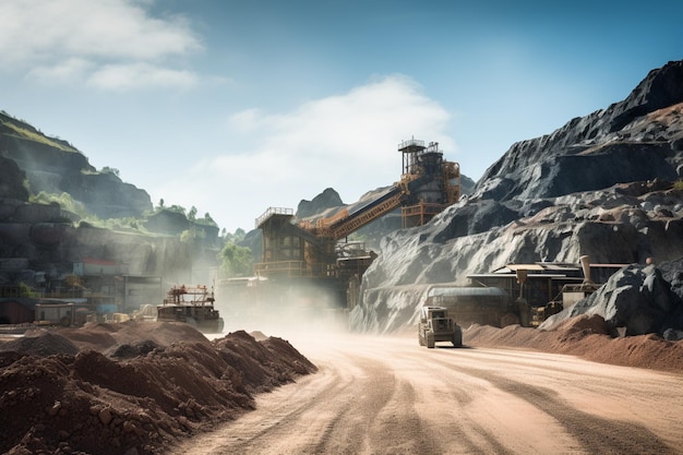 Пейзаж принимает фосфатную шахту рядом с перерабатывающей мельницей, изображающей операции минеральной промышленности