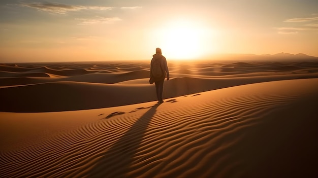 中央に男が立っている、夕方に砂の波がある熱い砂漠の風景