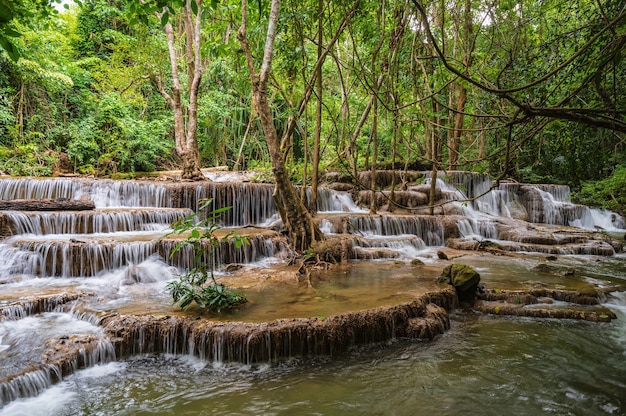 Landscape of Huai mae khamin waterfall Srinakarin national park at Kanchanaburi thailand.Huai mae khamin waterfall sixth floor "Dong Phi Sue"