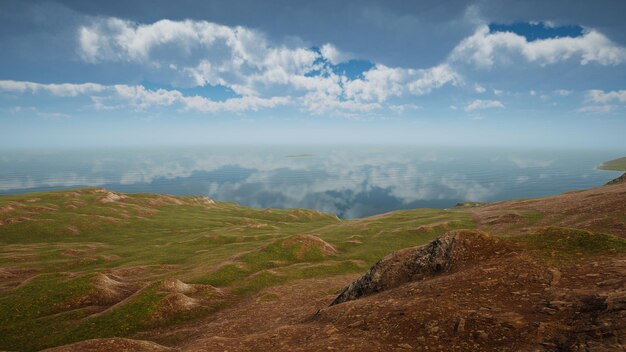 Landscape to illustrate sustainable development goals and ecosystem protection Natural environment of a green island with no trees 3D render