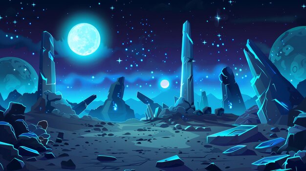 Photo landscape illustration of an alien planet with rock formations and futuristic buildings with glowing cracks in blue it is suitable for gui game design as an illustration of outer space with stars